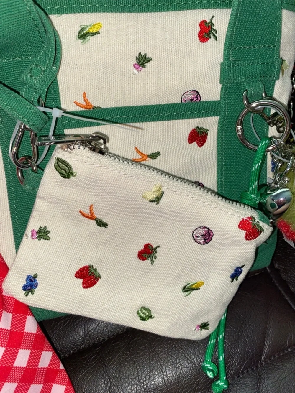 Madden Girl Green and Cream Tote with Red tomatoe Pom & Gingham Scarf scrunchie